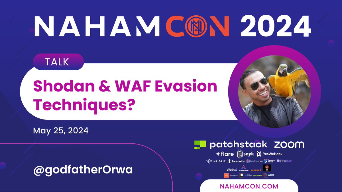 We love our returning speakers! @godfatherOrwa is returning to #NahamCon2024 for a second year in a row to talk about 'Shodan & WAF Evasion Techniques?' 🥷🥷 🗓️ Saturday, May 25 👉🏼 NahamCon.com/schedule 👀 YouTube.com/NahamSec