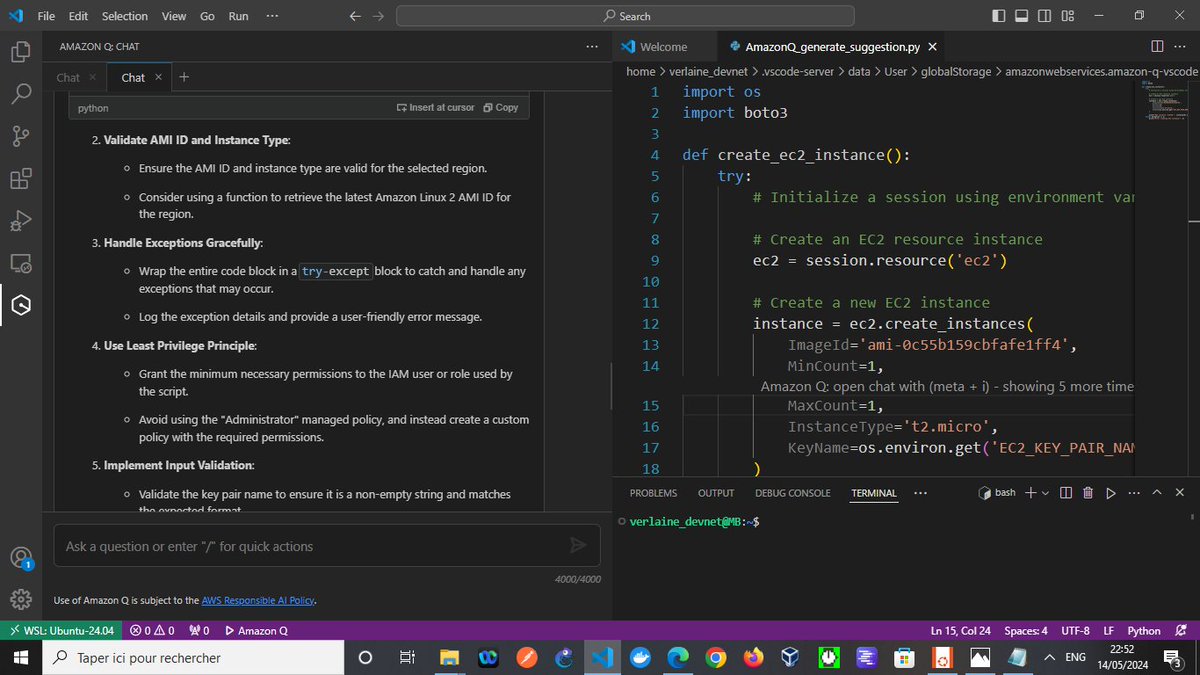 I had a great day with Amazon Q 🤓 it helped me with secure coding practices for an EC2 instance. There's a huge opportunity with Q, I see the potential for troubleshooting AWS infrastructure #developers #AmazonQ #aws #Cloudcomputing #generativeAI #securecoding