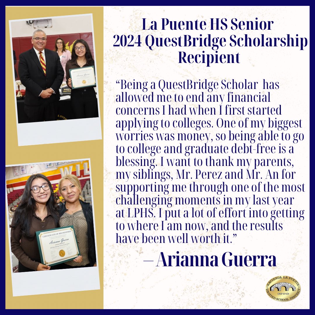 GRADUATION TAKEOVER: Congratulations to La Puente High School Senior Arianna Guerra for being named a 2024 Questbridge Scholarship recipient and earning a full four-year scholarship worth over $200,000 to Wellesley College. Congrats, Arianna! We are so proud of you!