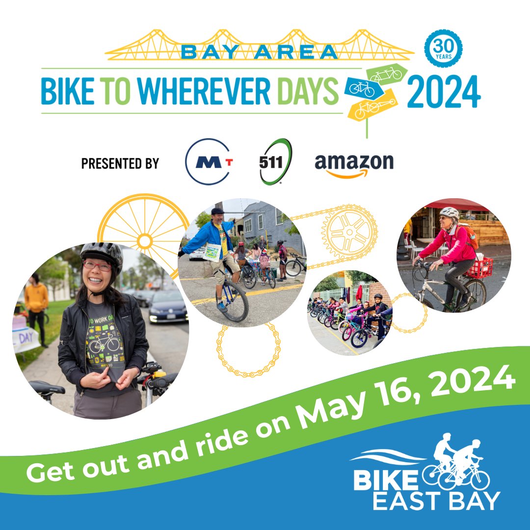 Join us for Bike to Wherever Day on May 16th! We'll be at multiple energizer stations hosted by <a href="/BikeEastBay/">Bike East Bay</a>.

Don't forget to pick up a swag bag and celebrate the joy of biking.

Bike to your nearest station: bikeeastbay.org/btwd/

#BikeToWhereverDay