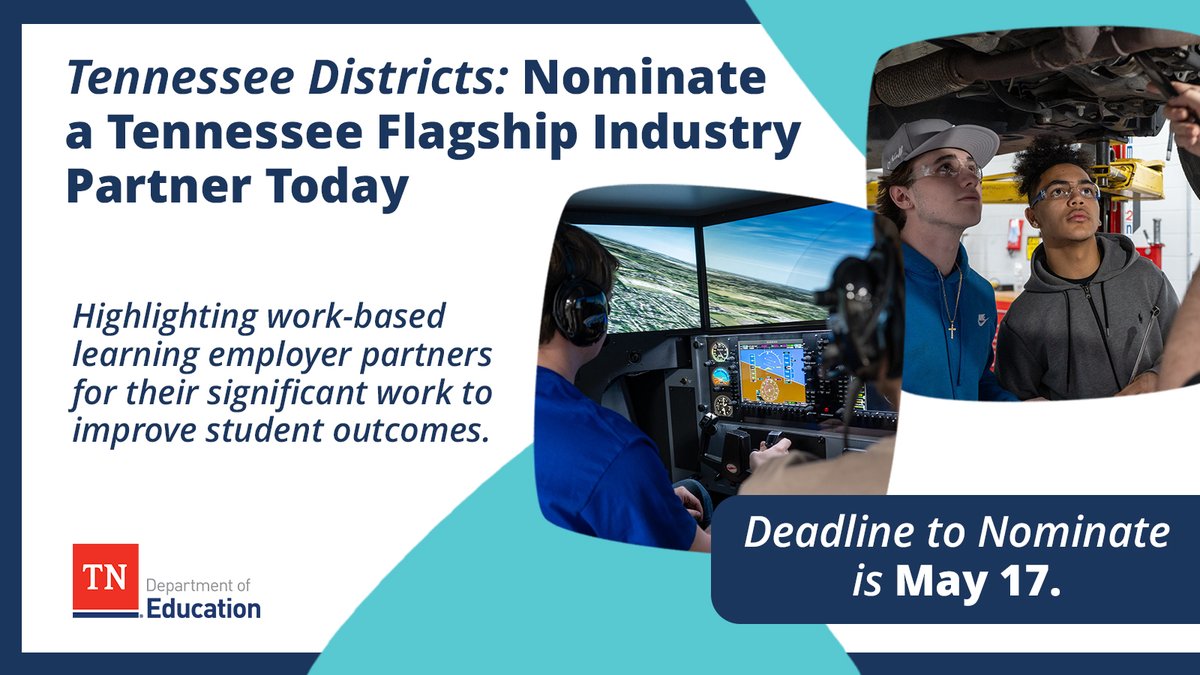 TN DISTRICTS: Help us celebrate your local employer cross-collaboration that has increased work-based learning opportunities &amp; improved student outcomes by nominating them for the TN Flagship Industry Partner award by May 17➡️  ow.ly/YUNs50RGbbN