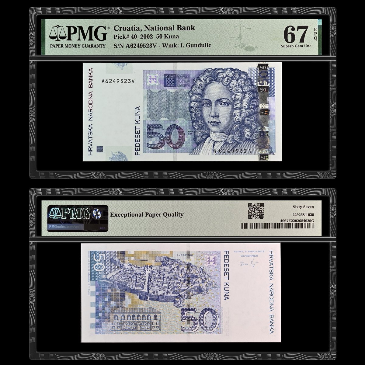 Note of the Day: Today’s #TravelTuesday destination is the seaside city of Dubrovnik, Croatia, recognized as a UNESCO World Heritage Site for its medieval architecture. An aerial depiction of the city is on the back of this PMG-certified Croatia, National Bank 2002 50 Kuna.