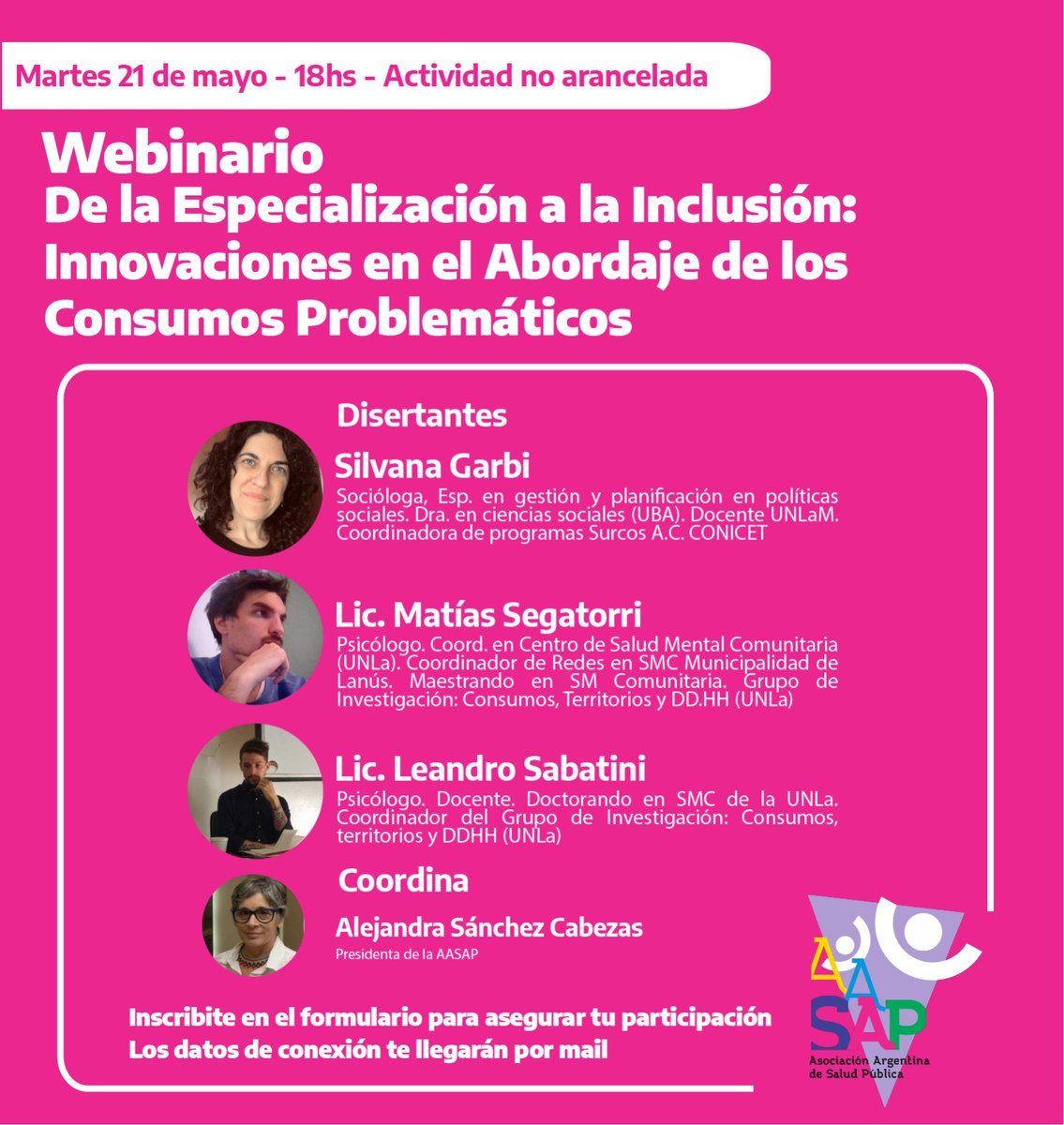 Próximo Webinario AASAP

De la Especialización a la Inclusión: Innovaciones en el Abordaje de los Consumos Problemáticos

Link de inscripción libre y gratuita:
forms.gle/cTq3aGdqSsXDhk…