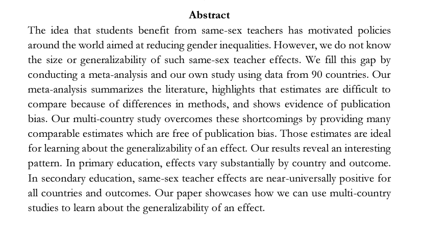 Are teachers *generally* better at teaching students of their own sex?

NO in primary education,
YES in secondary education.

A 🧵generalizability and same-sex teacher effects

zora.uzh.ch/id/eprint/2340…