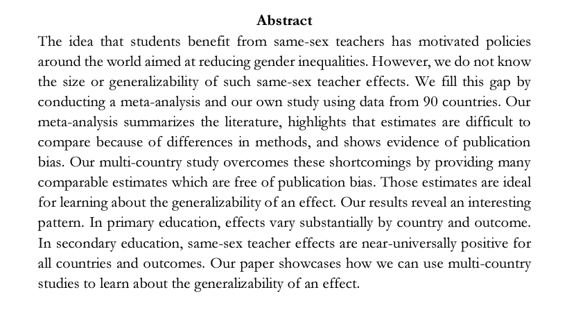 Are teachers *generally* better at teaching students of their own sex? NO in primary education, YES in secondary education. A 🧵generalizability and same-sex teacher effects zora.uzh.ch/id/eprint/2340…