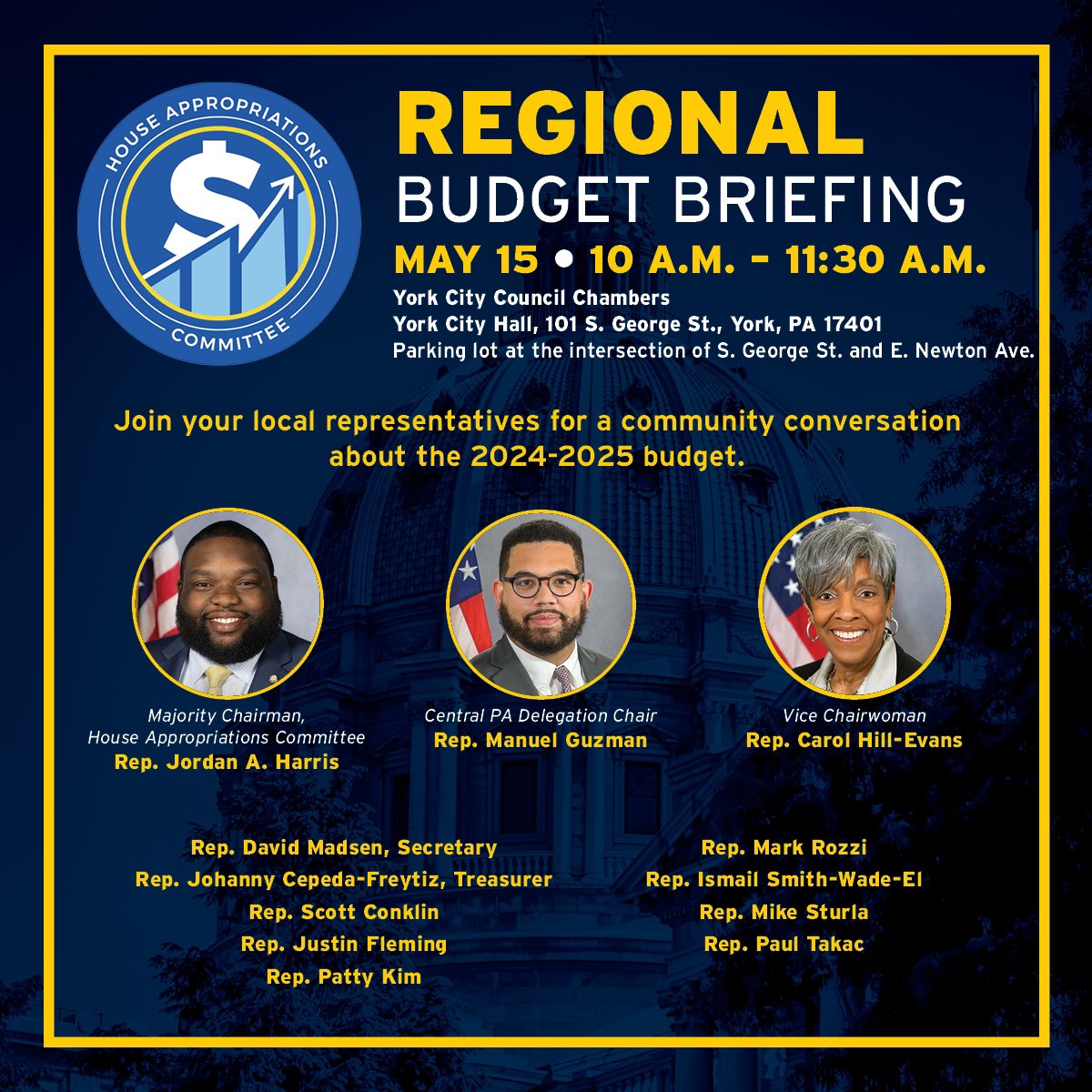 🚨 TOMORROW - Meet us for the next REGIONAL BUDGET BRIEFING at the York City Council Chambers. This is your chance to ask questions, learn about how the #PABudget will impact your community, and engage with your local representatives about the 2024-2025 #PABudget!