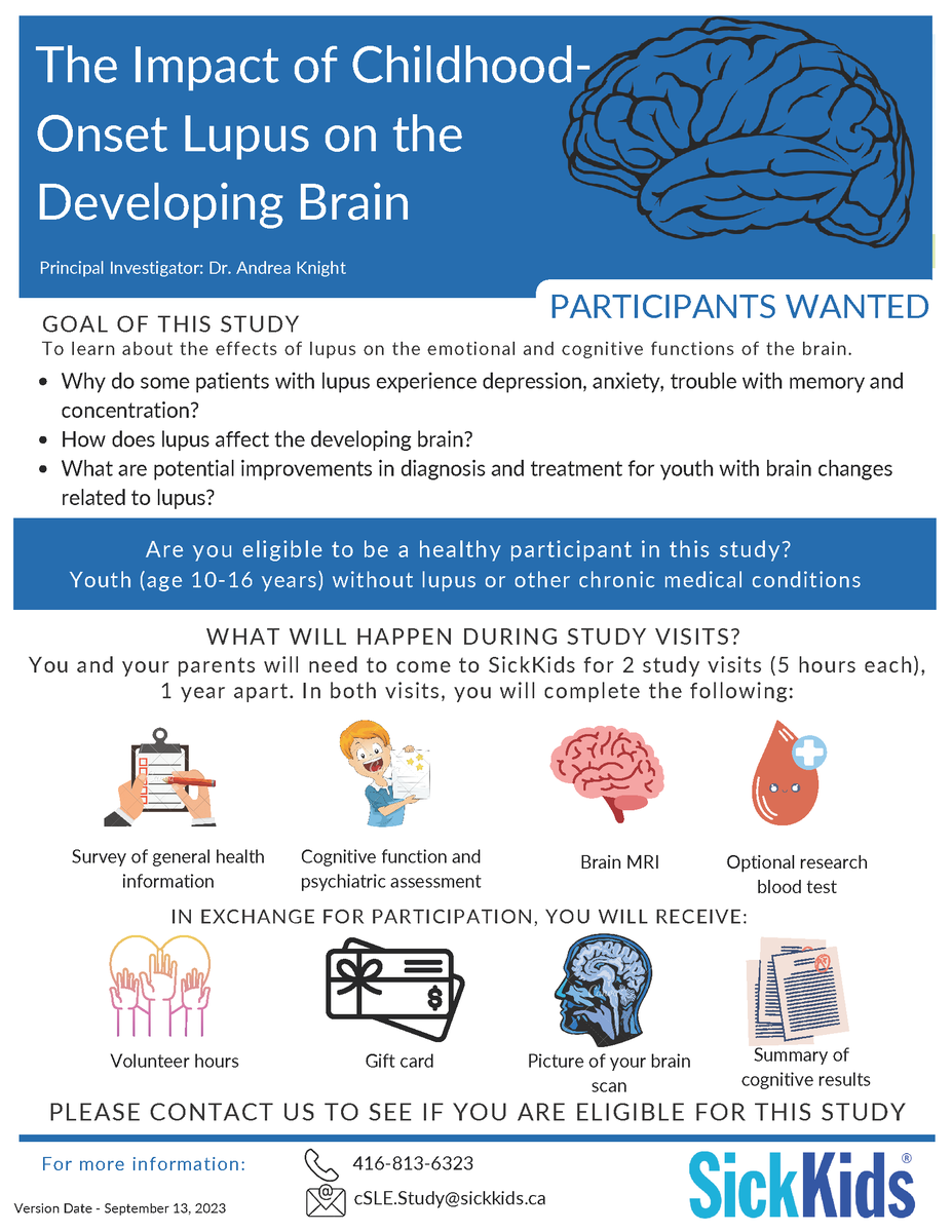 Is your child between 10-16 with no history of chronic illness? Join a #SKResearch assessing how systemic lupus erythematosus (SLE) affects the developing brain. Interested? Contact: cSLE.Study@sickkids.ca