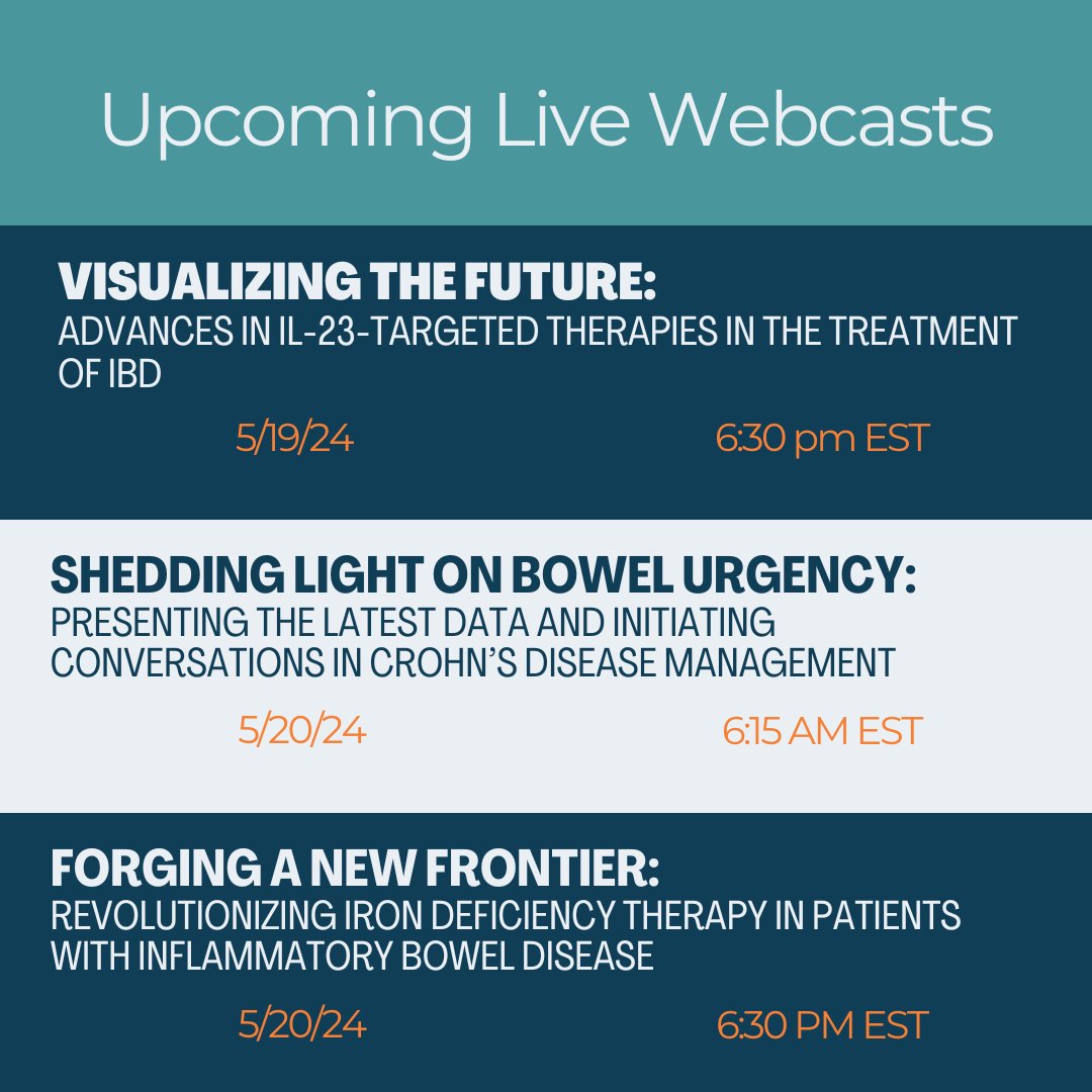 💻 Upcoming LIVE Webcasts from CMEO: ➡️ Visualizing the Future: Advances in IL-23-Targeted Therapies in the Treatment of #IBD  5/19/2024 | 6:30 PM EST  Register: cmeo.me/mms137reg   with @MRegueiroMD @DrJessicaA and @AngelinaIBDNP ➡️ Shedding Light on Bowel