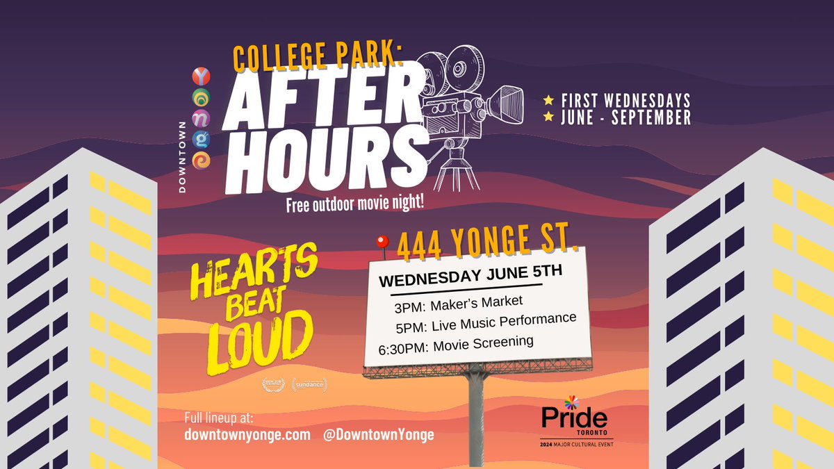 Join us this summer @ College Park for free movie screenings in Downtown Yonge! Presented by Downtown Yonge BIA & PrideTO, catch 'Hearts Beat Loud' June 5 with live music, family fun, snacks from farmer’s market & more! Don’t miss it! #DowntownYonge #MovieNights #bepridetoronto