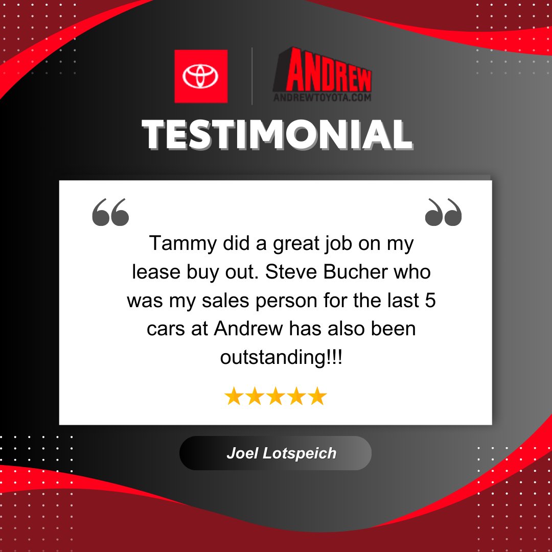 We're thrilled to hear about your positive experience with Tammy and Steve Bucher at Andrew Toyota. 🌟 Customer satisfaction is our top priority! Let's continue to make car buying a breeze. 
#CustomerReview #AndrewToyota