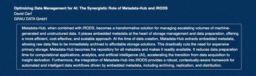 Metadata-Hub, when combined with #iRODS, becomes a transformative solution for managing escalating volumes of machine-generated + unstructured data. Learn more during the @graudataspace talk at #iRODSUGM on May 30 at 9:40 CET / 3:40 ET. #DataManagement irods.org/ugm2024/