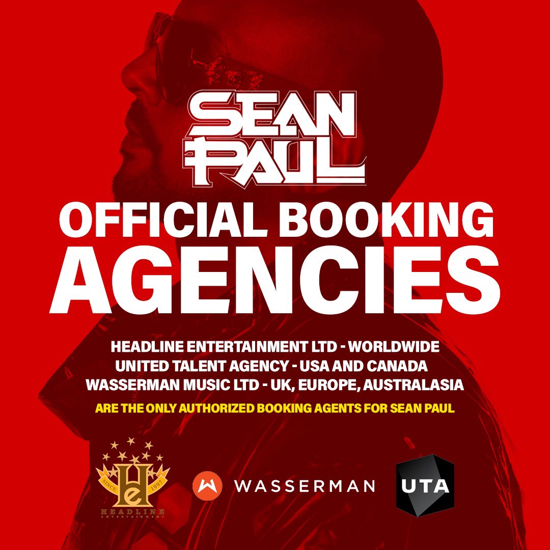 Please retweet. I DO NOT take bookings for #SeanPaul <a href="/duttypaul/">Sean Paul</a> …his booking agents are : <a href="/HeadlineJamaica/">HeadlineEnt</a> <a href="/unitedtalent/">UTA</a> &amp; <a href="/Wasserman/">Wasserman</a> &amp; NO one else is authorized to do so.