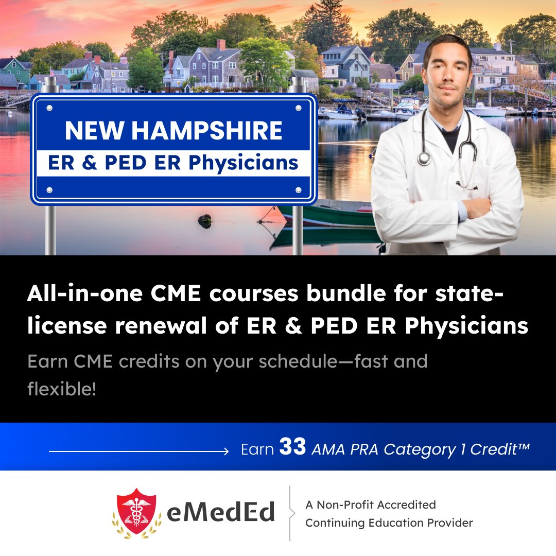 🌟 Calling all New Hampshire Physicians! Check out our Emergency Medicine & Pediatric Emergency Medicine Courses Bundle to fulfill your CME requirements! Register Now : bit.ly/3UYt1ib #NewHampshirePhysicians #emedevents #globalCME 🩺💼