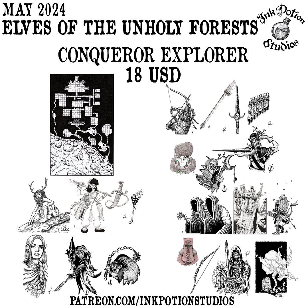 This May, Ink Potion Studios will delve into the dark forests - presenting Elves and ghastly enemies haunting their woodland!

Join us in our #Patreon campaign: patreon.com/inkpotionstudi…

#osr #rpg #rpgart #dnd #fantasy #fantasyart #ttrpg