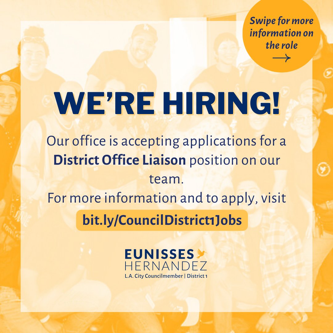 cd1losangeles's tweet photo. #TeamCD1 is growing! We're looking for a District Office Liaison who can support our efforts in connecting constituents to the resources and services they need. The application closes Friday, May 31st.
Apply today! https://t.co/8mSU2pqFWp https://t.co/VlqZ6KeAzJ