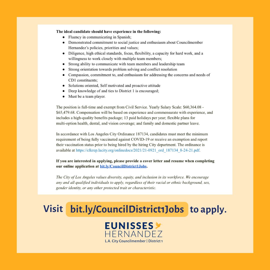 #TeamCD1 is growing! We're looking for a District Office Liaison who can support our efforts in connecting constituents to the resources and services they need. The application closes Friday, May 31st. Apply today! bit.ly/CouncilDistric…