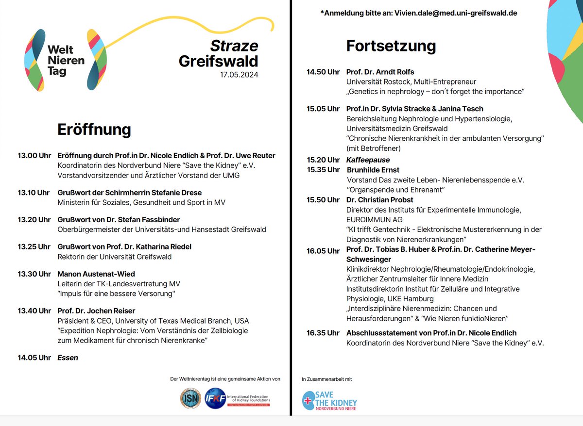 Exciting times ahead! The countdown is on for the World Kidney Day event in Greifswald on May 17, 2024. We are looking forward to welcoming the world's leading kidney researchers, renowned clinicians, patients and patient advocates. The event is organized by the Northern Kidney