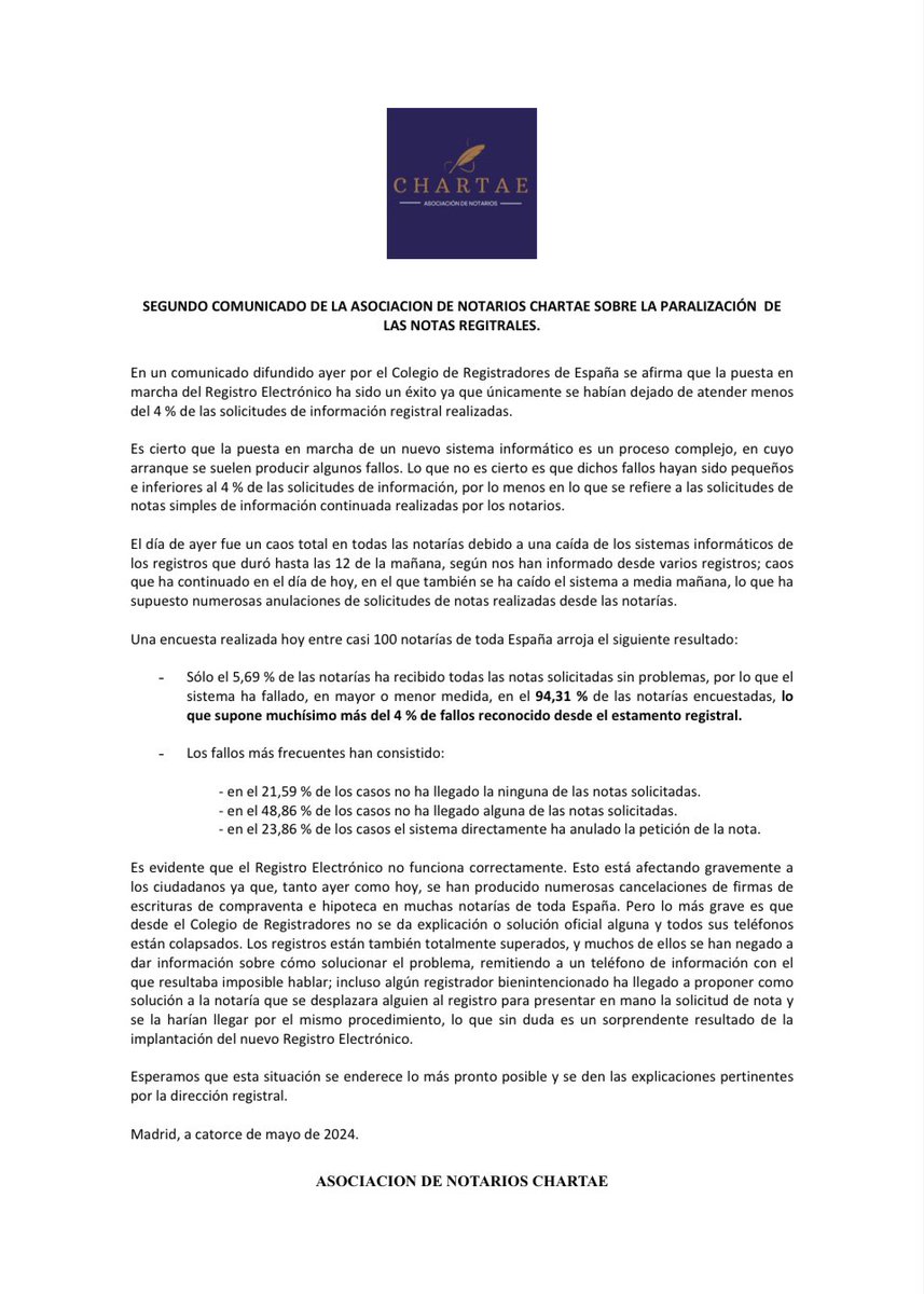 Segundo comunicado de la Asociación de Notarios Chartae sobre la situación real a día de hoy de la emisión de notas registrales tras la implantación del #RegistroElectrónico establecido por la ley 11/2023