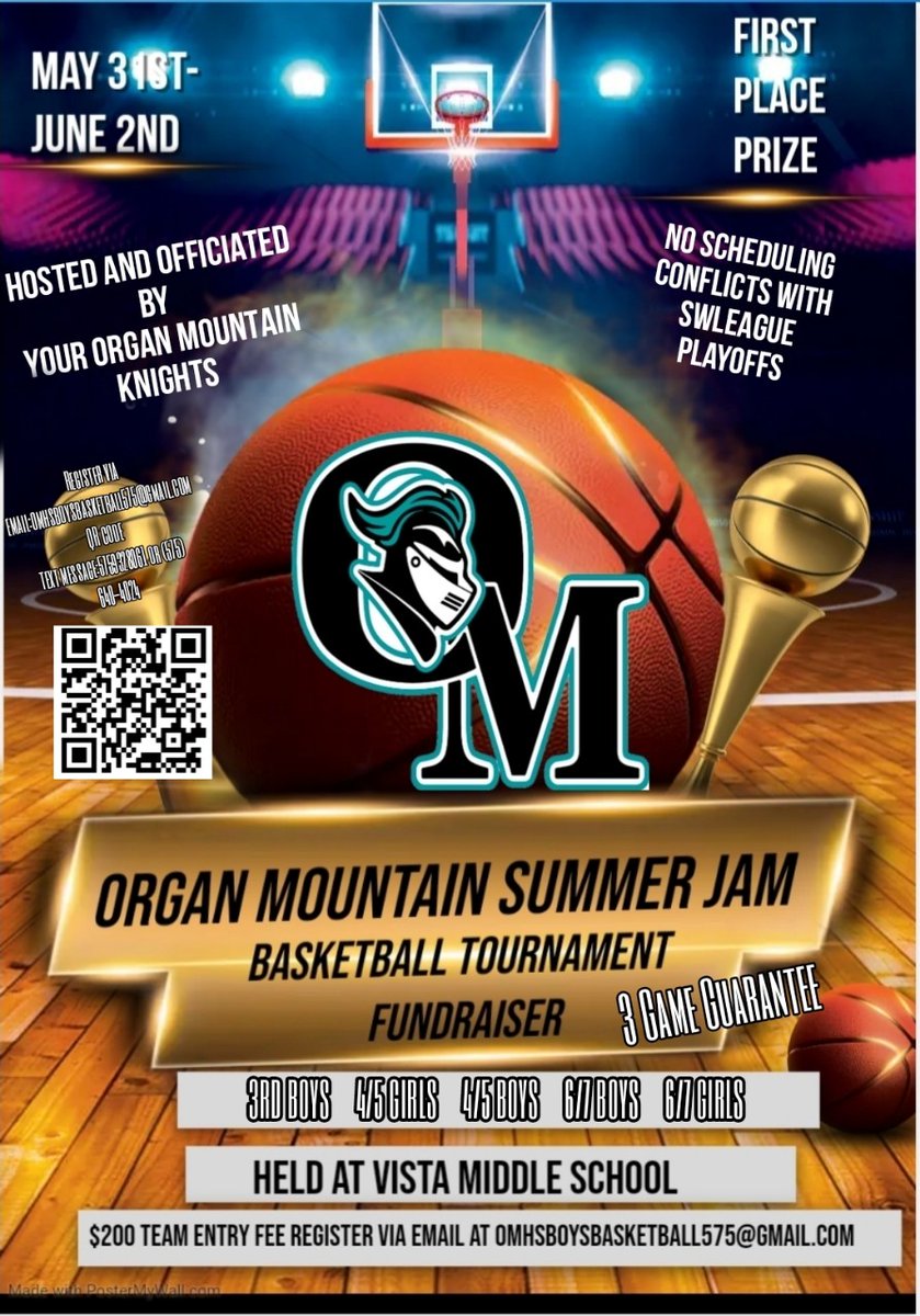 Spread the word!!! 🗣🗣🗣 1st Annual Organ Mountain Summer Jam Basketball Tournament Fundraiser All proceeds go to @OrganMountainHS Boys Bball Program May 31-June 2 at Vista Middle School! Thank you for your continued support!!!