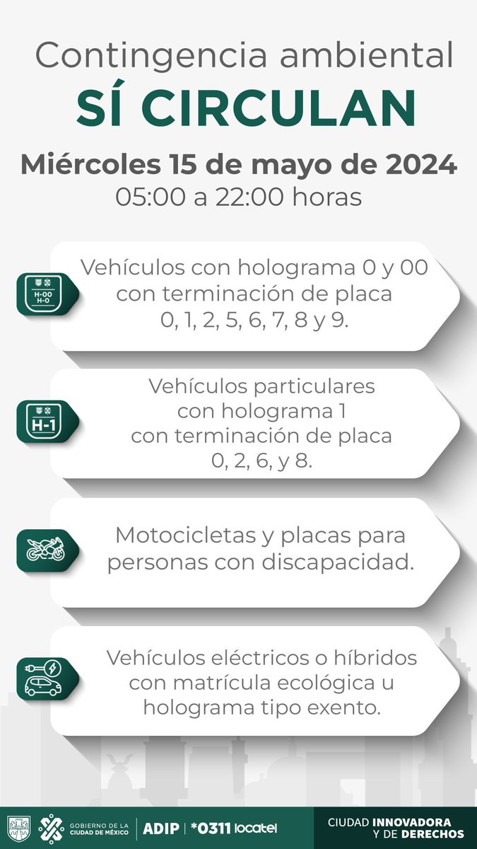 locatel_mx's tweet photo. ⚠️ATENCIÓN⚠️ 
Este miércoles 15 de mayo de 2024, continúa la Contingencia Ambiental en la Ciudad de México. 🚗🚙🚕
 
https://t.co/AtqkljOSvv
Estas son las restricciones👇 https://t.co/FE9YJ1APmo