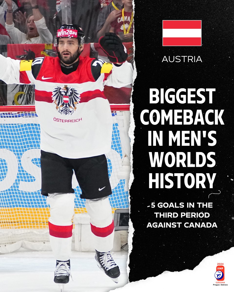 Now that’s what you call a COMEBACK!🤯 Austria came back from a 1-6 deficit by scoring 5 goals in a single period against Canada.🇦🇹💪 #MensWorlds @eishockey_aut