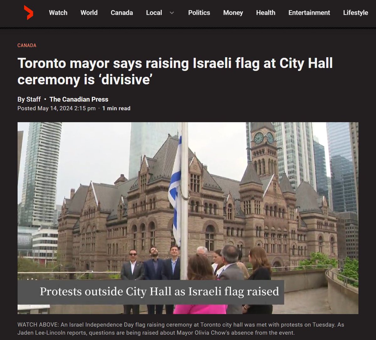 Yom Ha’atzmaut is about the founding of the modern state of 🇮🇱, and the flag was raised in municipalities across 🇨🇦 to mark 76 years of Israel’s independence. We are deeply disappointed that @MayorOliviaChow declined to attend today's flag raising, characterizing the event as