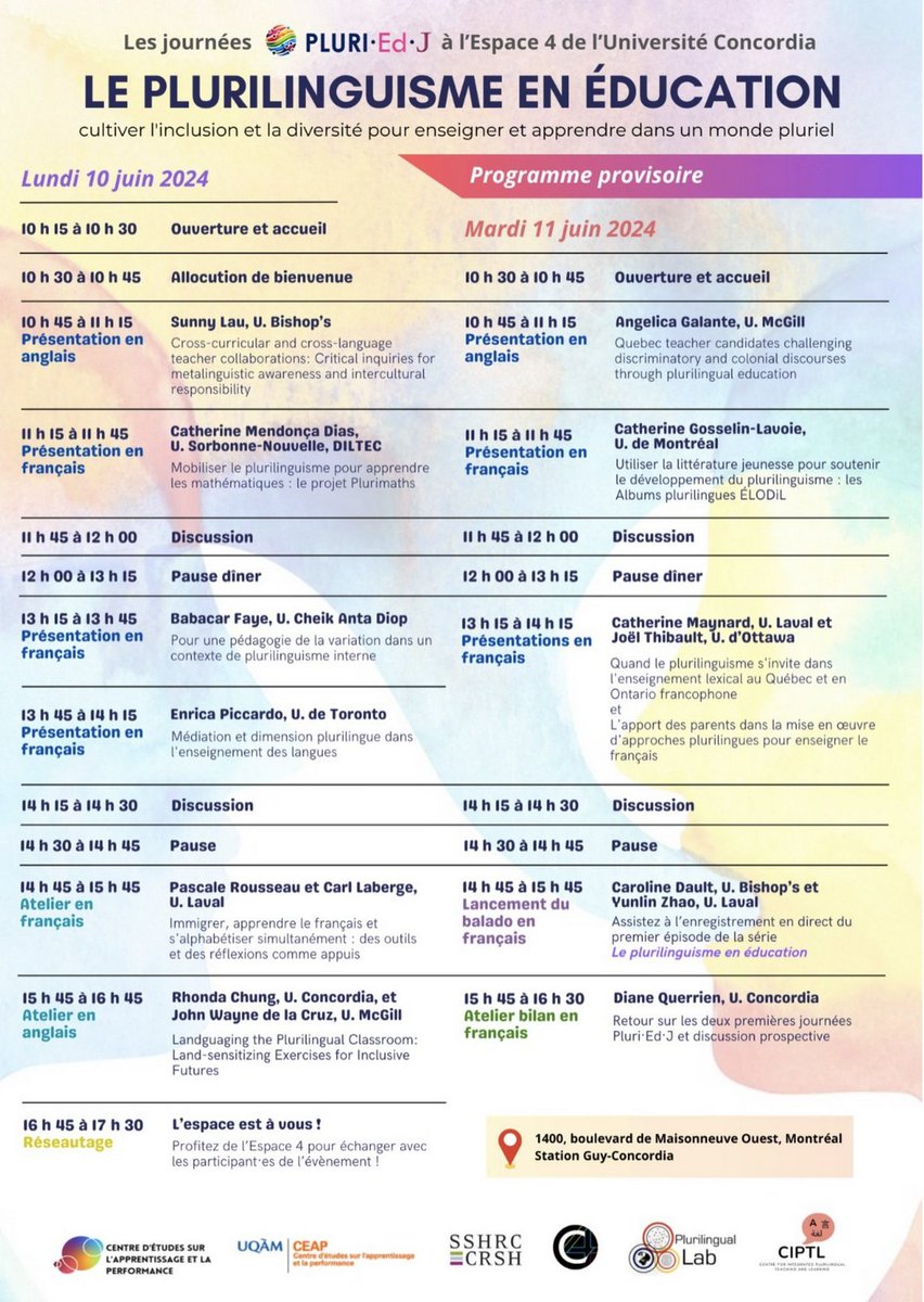 Join us for the FREE hybrid symposium: Plurilingualism in Education: Cultivating Inclusion and Diversity to Teach and Learn in a Plural World. 
Presentations in English et en français.
Register here (as of May 15): shorturl.at/aDEQ8
Funded by <a href="/SSHRC_CRSH/">SSHRC</a> and <a href="/cslp_ceap/">CSLP_CEAP</a>