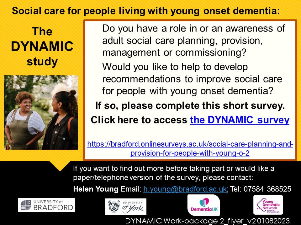 Helen Young (@helenyoungres) on Twitter photo Let’s improve #socialcare for people with #YoungOnset #dementia and their families. The DYNAMIC survey closes on 31 May.
If you have a role or awareness of adult social care in England, don't miss out, please complete this short survey 👉 bradford.onlinesurveys.ac.uk/social-care-pl…
<a href="/Dementia_UoB/">Dementia at Bradford</a> Let’s improve #socialcare for people with #YoungOnset #dementia and their families. The DYNAMIC survey closes on 31 May.
If you have a role or awareness of adult social care in England, don't miss out, please complete this short survey 👉 bradford.onlinesurveys.ac.uk/social-care-pl…
<a href="/Dementia_UoB/">Dementia at Bradford</a>