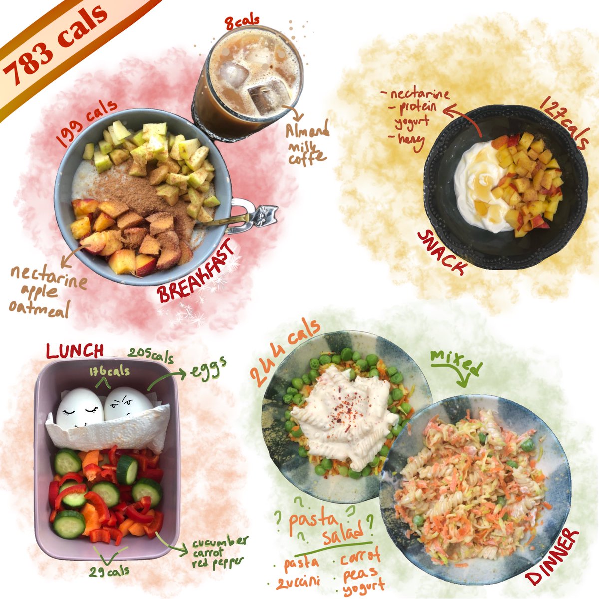 today’s meals!! protein was 55g total,, i was full all day + i had an iced americano at school that i didnt take a pic of