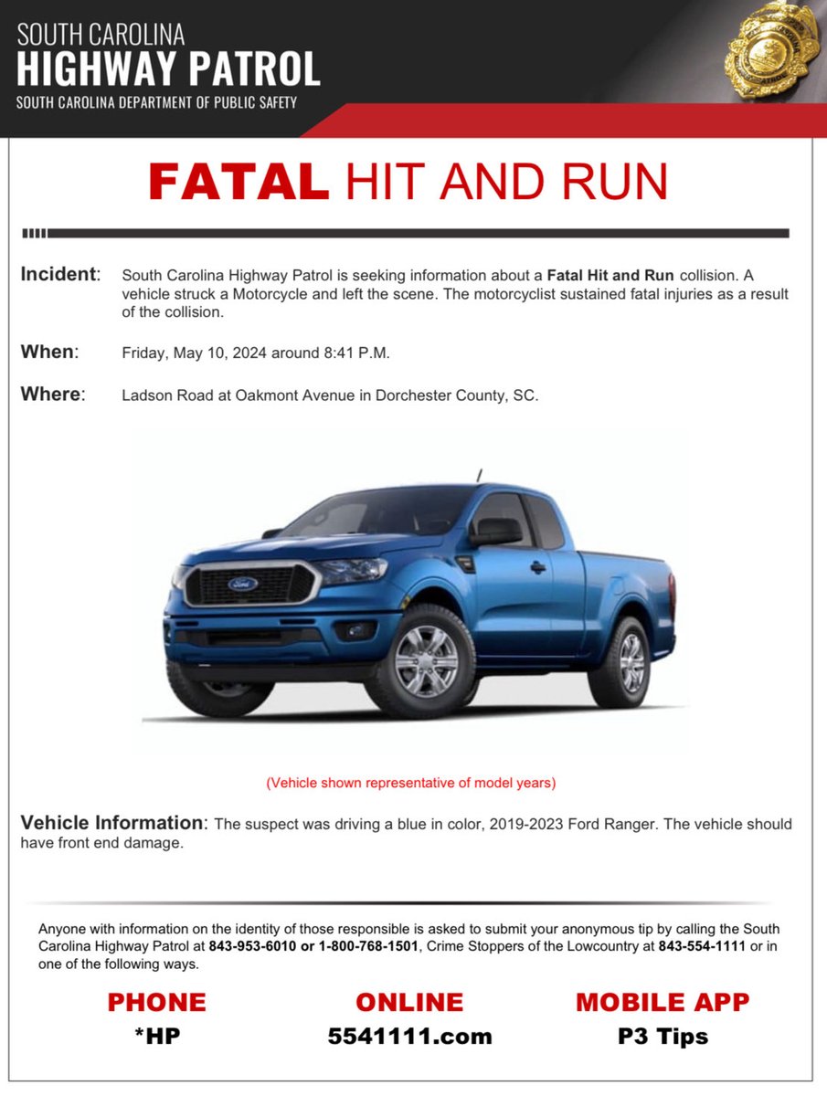 Low Country we need your help! Please see the attached flyer for a fatal hit and run collision. The collision occurred in Dorchester County on 5/10/24 on Ladson Road. If you have any information please let us know!