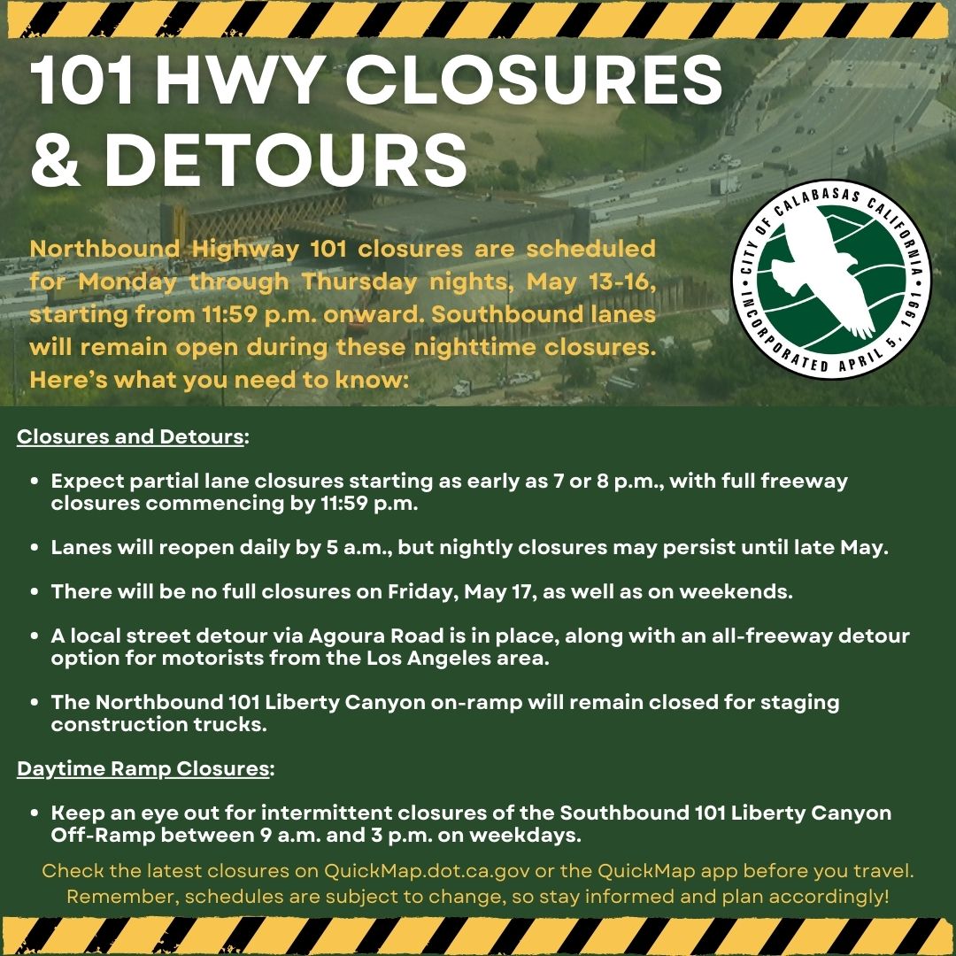 Caltrans will be back at it again tonight -- closing the northbound 101 to work on the big Wildlife Crossing near Liberty Canyon. Southbound lanes stay open. Follow the detours. Closure starts at midnight, but partial lane closures could start as early as 7:00p.
