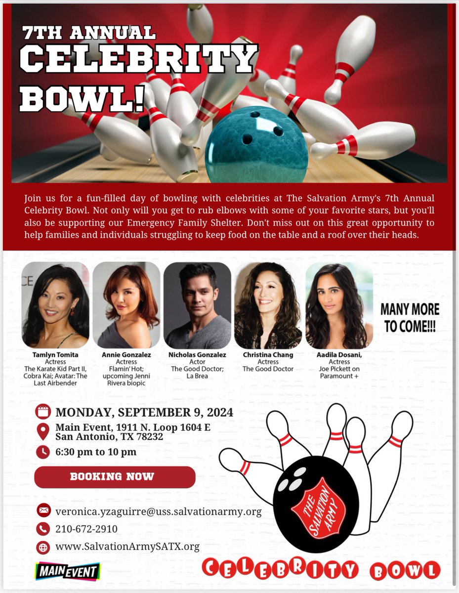 7th annual #CelebrityBowl Sept. 9 @MyMainEvent (281/1604). Welcome back @IamNickGonzalez, and welcome first-time celebrity bowlers @thetamlyntomita @annie_ggonzalez @_ChristinaChang @AadilaDosani! More scheduled bowlers TBA. Benefiting @salarmysatx Emergency Family Shelter.