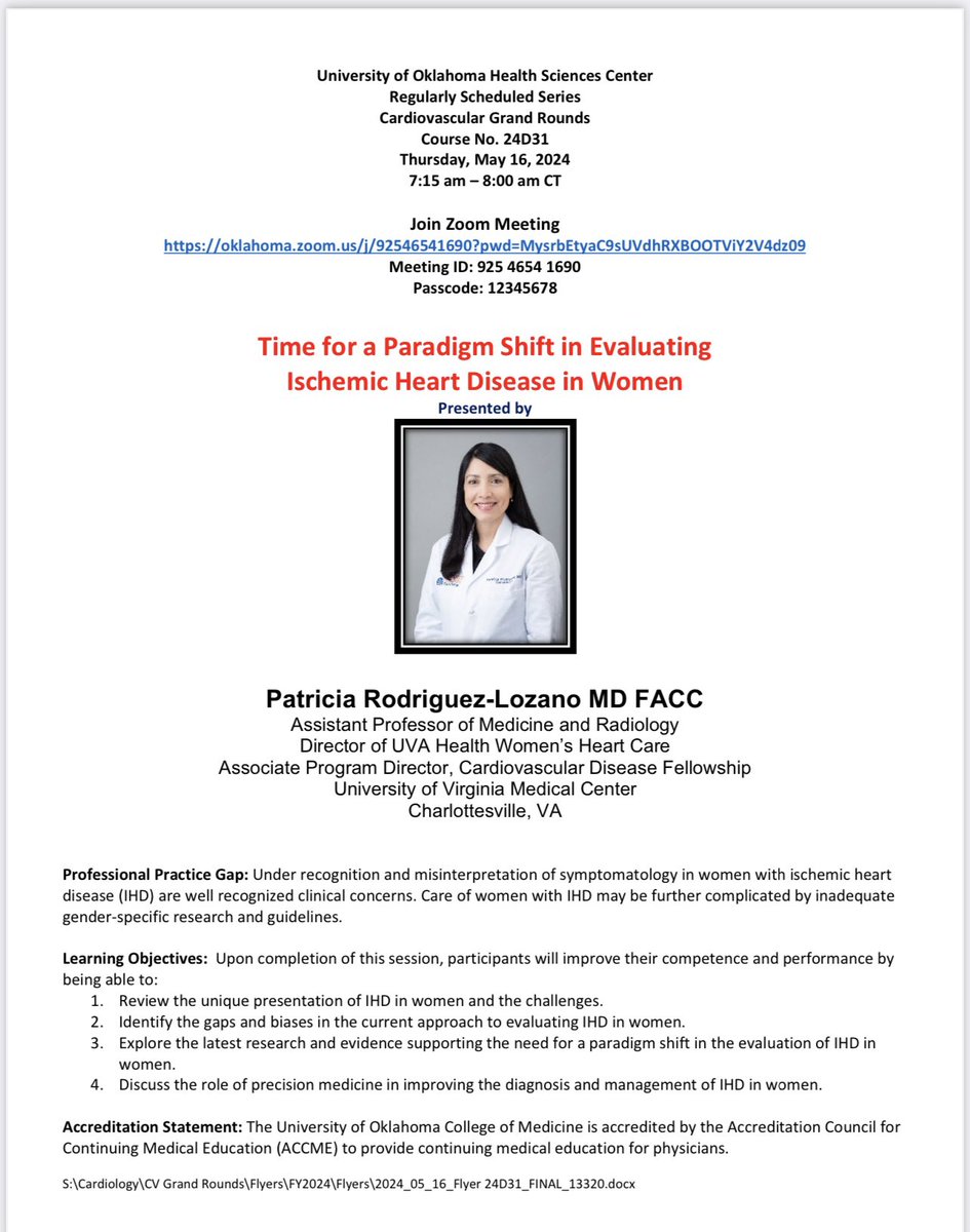 🌟 Delighted to present another exciting speaker, Dr. Patricia Rodriguez-Lozano, at the next OU Virtual CV GR on 5/16/24 🌟 Join us for this discussion on evaluation of IHD in women by an expert oklahoma.zoom.us/j/92546541690?… @OUHealth @PRodriguezMD @ChrisKramerMD @AmitRPatelMD…