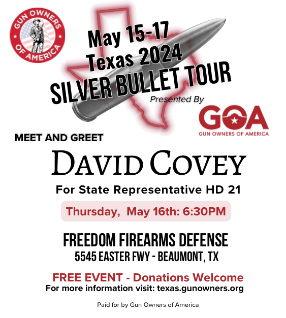 Join me and special guests on the Gun Owners of America Bus Tour at Freedom Firearms and Defense in Beaumont! The event will be on Thursday, May 16, from 6:30 to 8 PM. We encourage everyone to come chat with David and our special guests!  RSVP here: forms.gle/fq2SXXk6RibEoW…