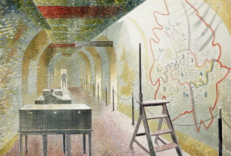 No. 1 Map Corridor, Eric Ravilious, 1941. It depicts the Home Security Control Room beneath Whitehall in #London during the early years of #WW2. The original artwork is in the collection of @LeedsArtGallery.