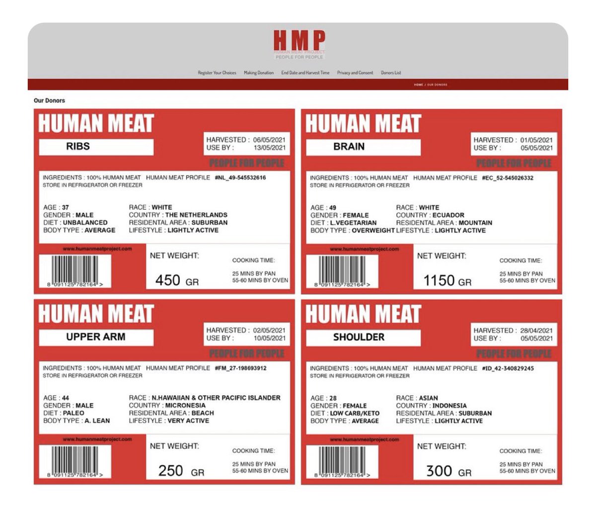 Do you see this⁉️⁉️⁉️ DIABOLICAL. “HUMAN MEAT RIBS” “HUMAN MEAT BRAIN” “HUMAN MEAT UPPER ARM” “HUMAN MEAT SHOULDER” Top left label: “HARVESTED: 06/05/2021 USE BY: 13/05/2021 PEOPLE FOR PEOPLE INGREDIENTS: 100% HUMAN MEAT HUMAN MEAT PROFILE #INL_49-545532616 STORE IN