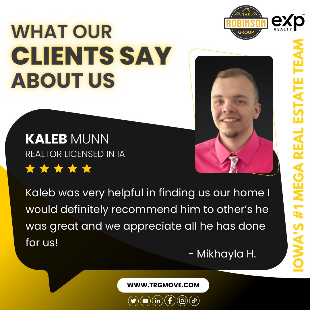 🌟 CONGRATULATIONS, KALEB! 🌟 

Another 5-star review from a happy client! Your dedication and commitment truly shine through in the feedback we receive. Keep up the incredible work! 📲 319-406-3651

#ClientReview #Excellence #QCRealtor #eXprealty