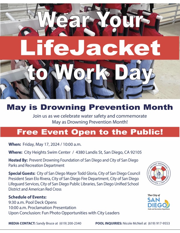 This Friday ~ The San Diego community unites for water  
safety🎯 🌟Wear your Life Jacket to Work Day and Declaring May as Drowning Prevention Month🌟
📌Join us, May 17th @ 10am #sdswimsafer @CityofSanDiego @sdschools @SoCal_RedCross @SDFD @MayorToddGloria @SeanEloRiveraD9