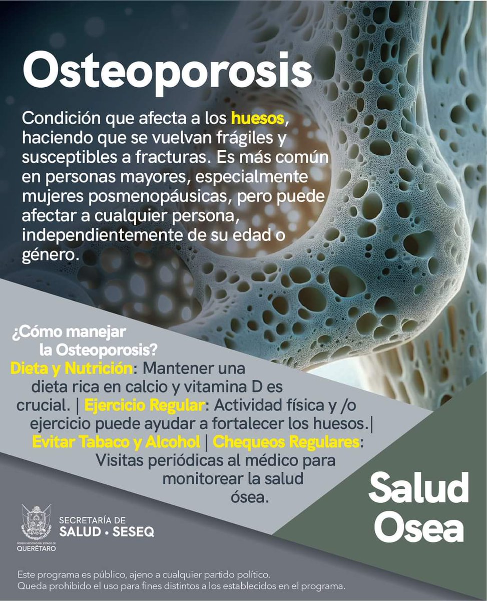 #Osteoporósis. Cuidar de tus huesos es cuidar de tu futuro, y pequeños cambios en tu estilo de vida pueden hacer una gran diferencia. ¡Acude a tu unidad de #Salud! #VidaPlena y #VidaActiva.