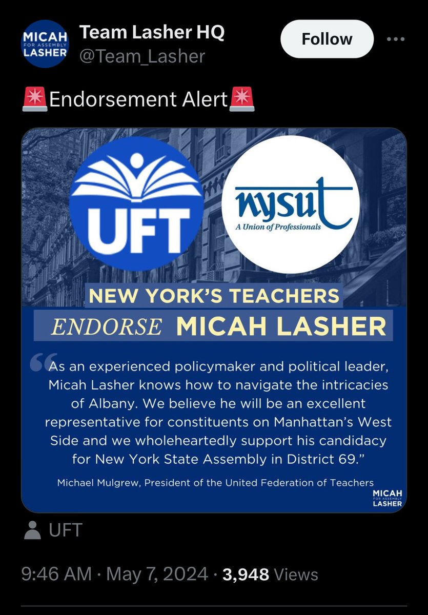 The absolute SCAM of our union endorsing this pro-charter school privatizer. Where is the transparency @UFT and @nysut??? Why on earth would our PUBLIC SCHOOL teacher members want this endorsement? You need to be accountable to your members. I'm disgusted