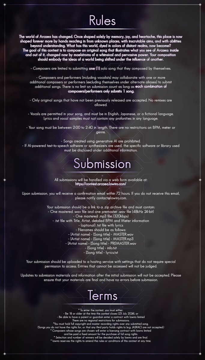 Arcaea has forever changed. Now: become part of its shifting history once more. The Arcaea Song Contest - 4th Movement begins, and this year's theme is 'Coalescence'. Submissions run May 15th to July 23rd. Check the attached rules and apply here: contest.arcaea.lowiro.com #arcaea