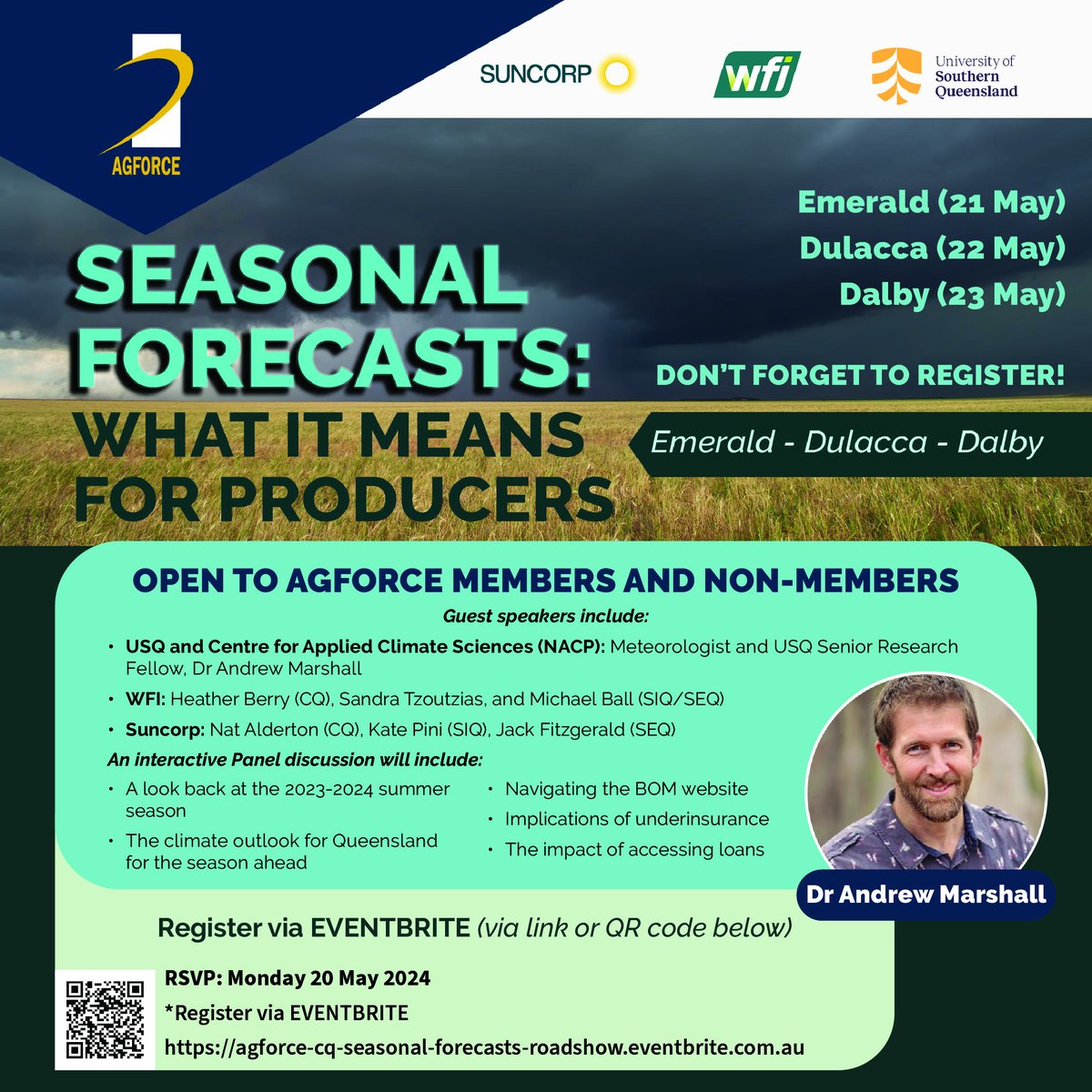 In central, southern inland or south east Qld? Register now for our seminars about seasonal forecasts and what they mean for producers. 📅 Where and when: Emerald (21 May); Dulacca (22 May); Dalby 23 May Register at: okt.to/KbPkam   #everyfamilyneedsafarmer