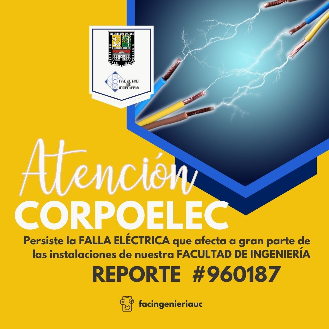 Atención @CorpoelecInfo, hoy #14mayo persiste falla eléctrica que afecta ampliamente las actividades docentes y administrativas en nuestra Facultad de Ingeniería.
Reporte Nro 960187
Favor repost