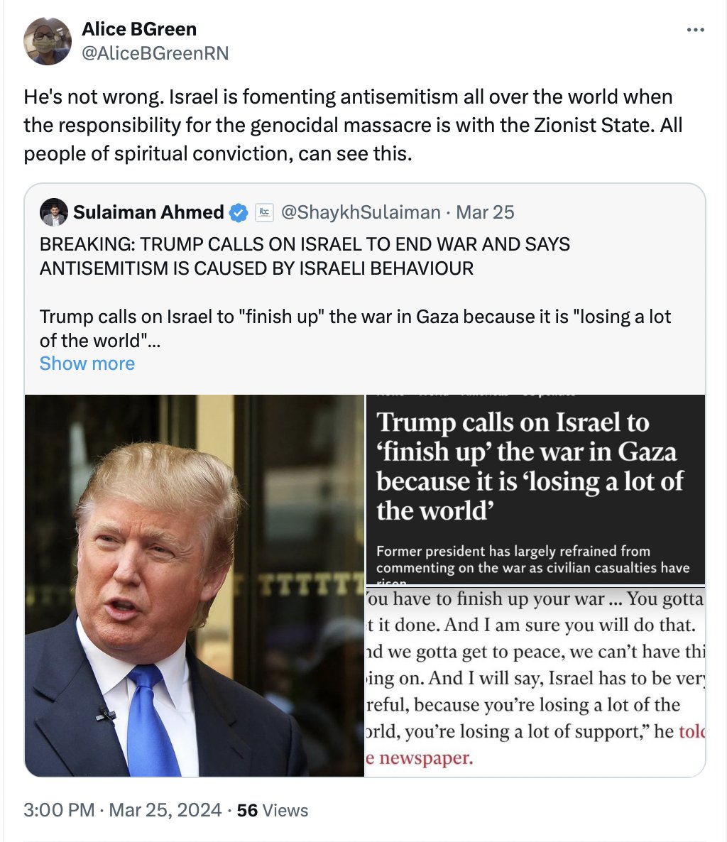 Alice B Green appears to be a school nurse who: 

- states Zionism (aka the Jewish right to self determination) is a "death cult"
- compares Zionism to Nazism 
- blames antisemitism on the Jewish state

Alice Green appears to be a contractor with Amergis.