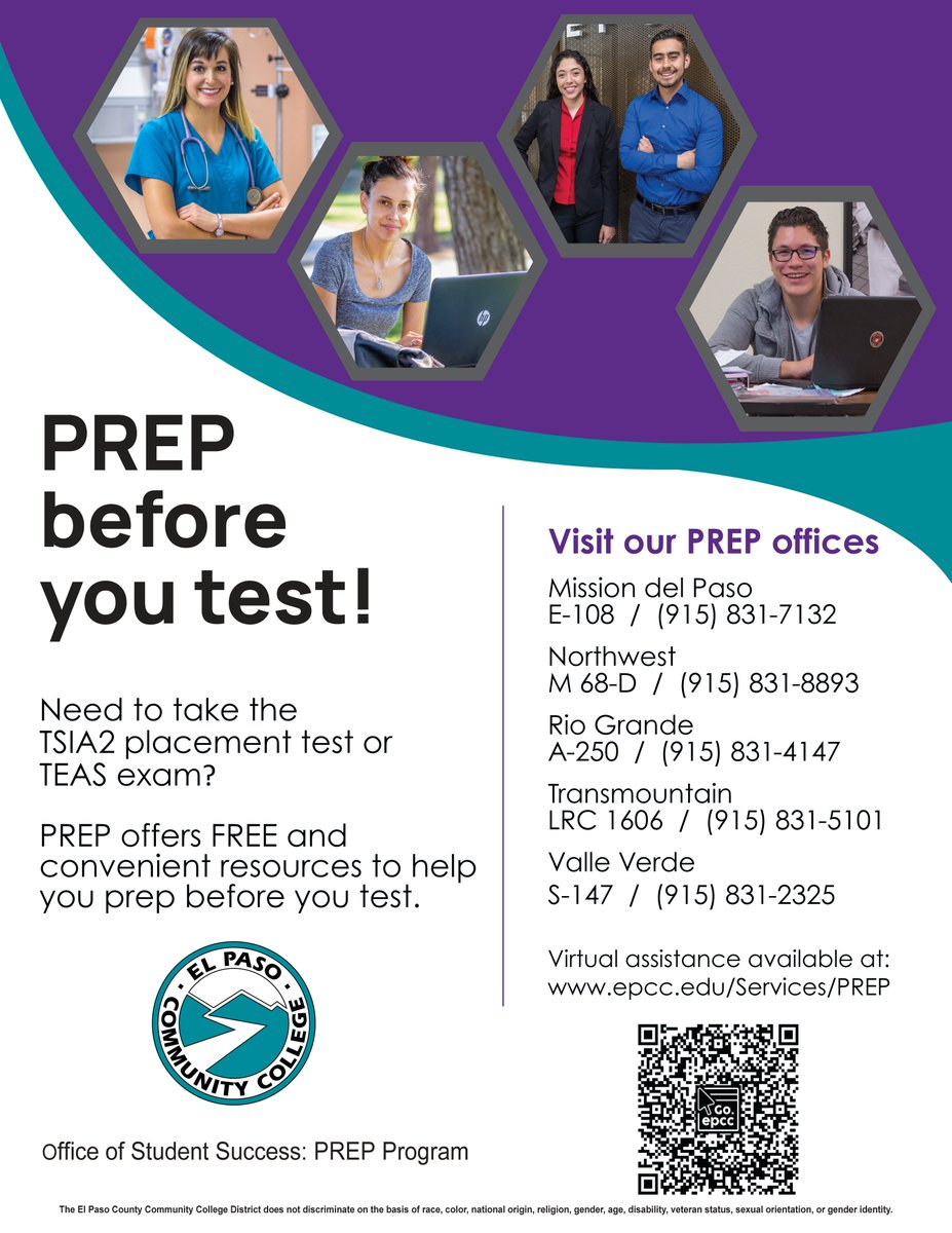 Need to take the TSIA2 or TEAS? PREP offers FREE and convenient resources to help you prep before you test. Virtual assistance available at: epcc.edu/services/PREP. @EPCCRecruitment
