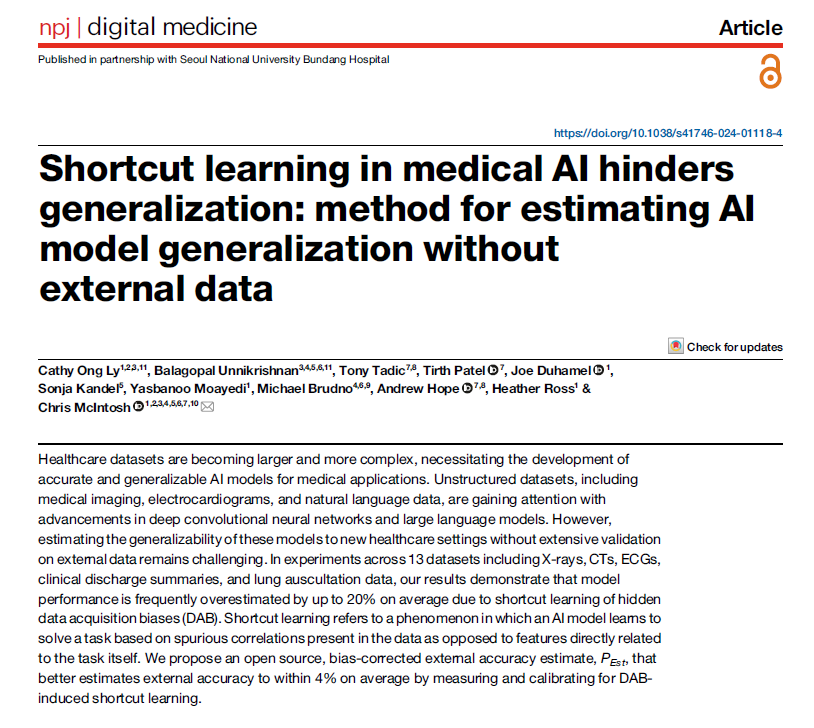 Studies of #AI in medicine may overestimate accuracy to new situations by 20%. Models learn hidden biases in X-rays, ECGs, clinical notes etc. instead of real disease markers. This study proposes a solution for inc. reliability in reporting of results. nature.com/articles/s4174…