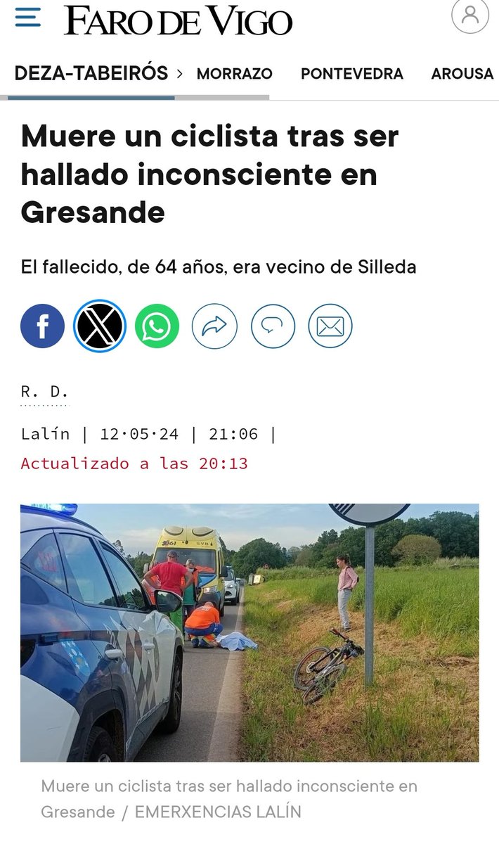 Muere un ciclista de 64 tras caer desplomado mientras pedaleaba por Gresande (Pontevedra). Otra #Repentinitis Esto no para @salvadorilla @CarolinaDarias D.E.P.