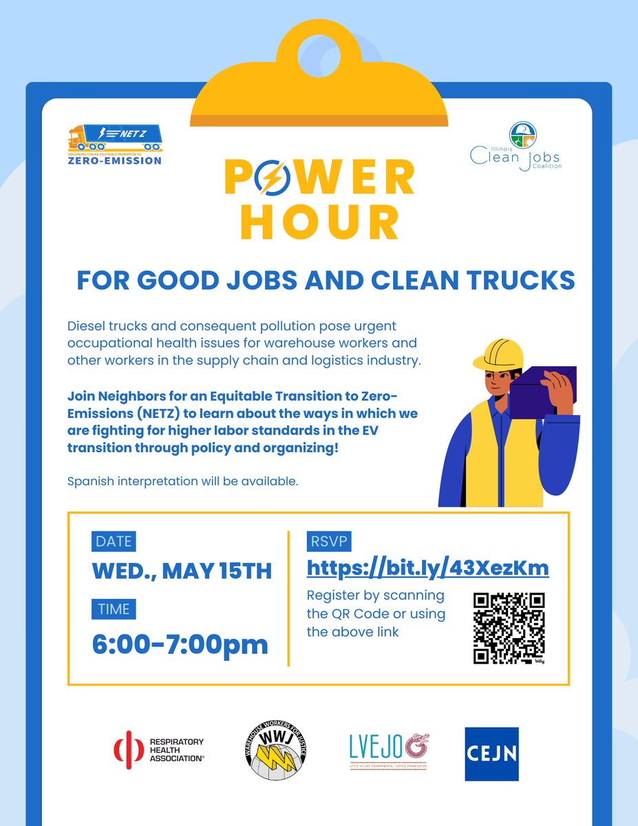 Join the virtual event tomorrow at 6pm for good jobs and clean trucks! Workers in Illinois deserve benefits and protections as the rollout of clean, electric trucks happens. Learn more and RSVP: bit.ly/43XezKm #WeJustWantToBreathe