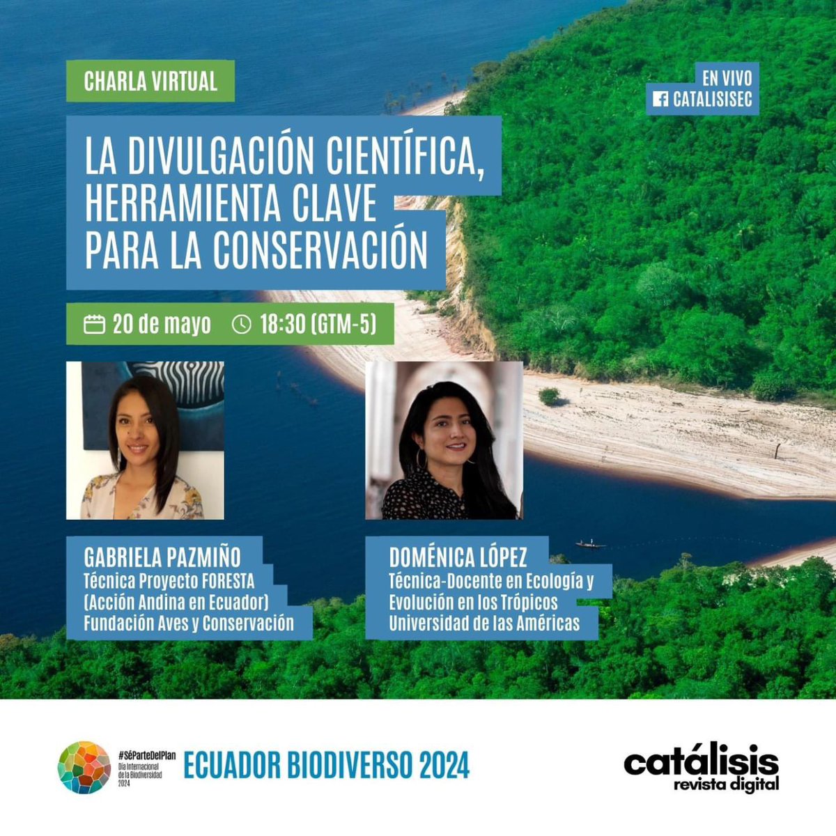 ¡Continuamos celebrando por nuestra biodiversidad! 

🌿 *La divulgación científica, herramienta clave para la conservación* 🌿

📅 Fecha: Lunes 20 de mayo
🕒 Hora: 18h30

📲 ¡Míranos en vivo!
facebook.com/share/D2cqfKpy…
 
#MesBiodiversidadEc 
#AlianzaPorLaBiodiversidad