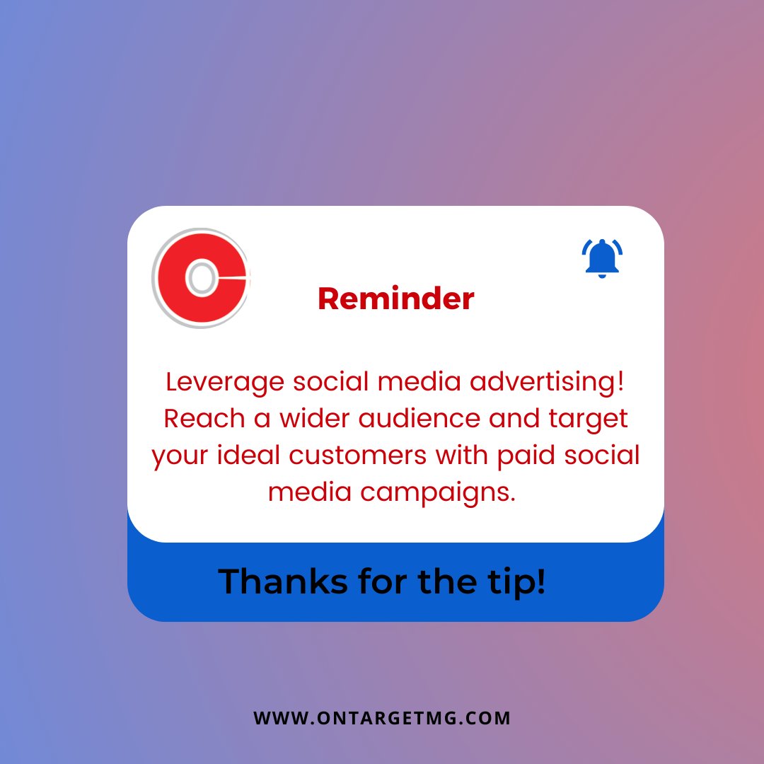 Organic social is cool, but paid ads are a game-changer! OnTarget crafts killer ads with laser-focused targeting to reach your ideal customers. We maximize your ROI and constantly optimize for results. Don't miss out - let's supercharge your marketing!

Contact us today!